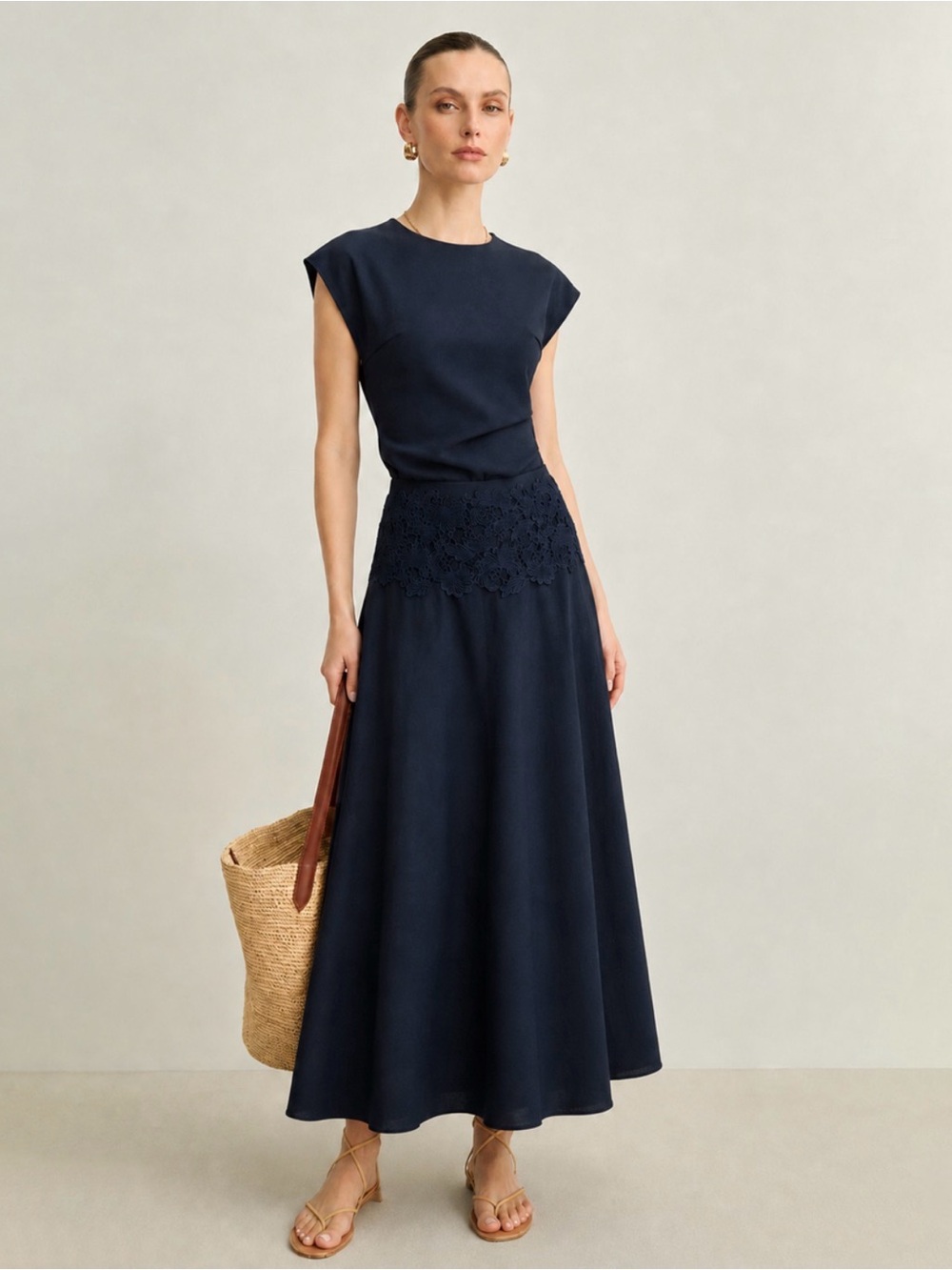Commens Cotton Linen Top & Lace Waist Skirt set Blue